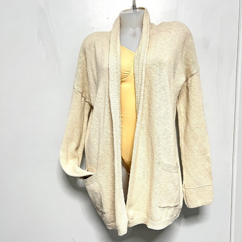 Akini 100% Cotton Beige Open Front Cardigan Pockets Sweater Size L